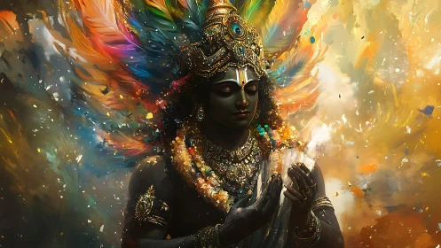 Divine figure with radiant feathered halo in luminous gold field.