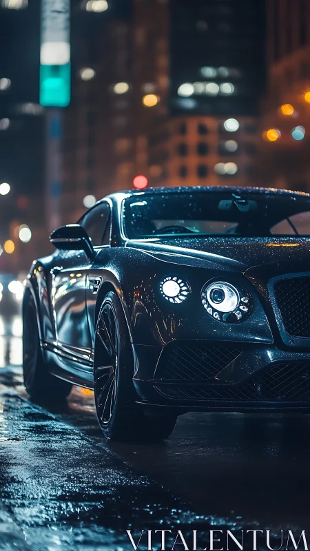 Luxury coupe in cinematic night rain with neon reflections.