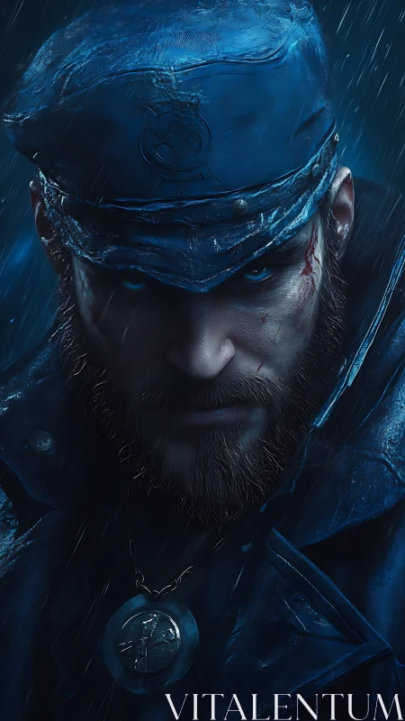 Stormlit sea captain glares through rain with scarred resolve.
