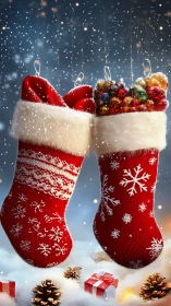 Cozy red Christmas stockings sparkling in a snowy night.