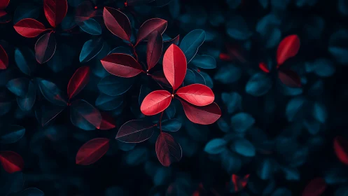 Nocturne leaves glowing in crimson and teal hush.