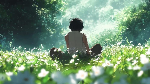 Solitary figure sitting in bright flower field clearing.