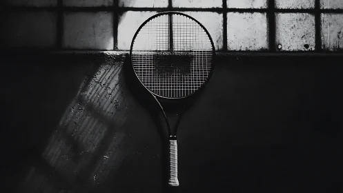 Solitary tennis racket rests in stark window light.