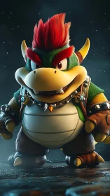 3D character portrait of spiked turtle villain in moody light.