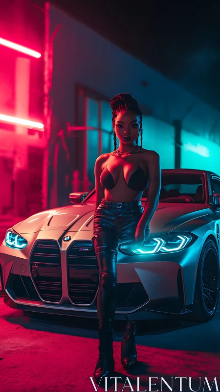 Neon alley queen cools midnight chrome in electric stillness