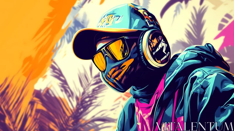 Urban gamer portrait glows in neon tropical streetlight