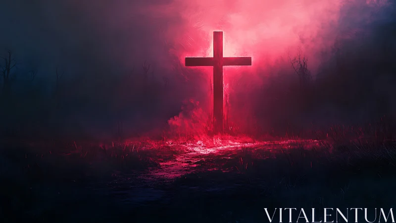 Glowing cross rises in a dark, mist-filled nocturnal field