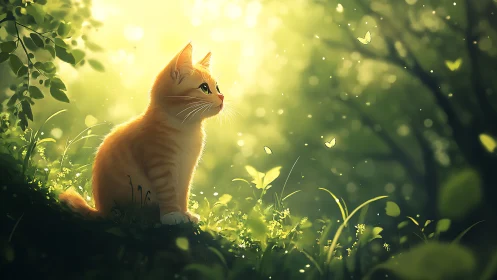 Ginger Cat in Sunlit Forest Clearing.