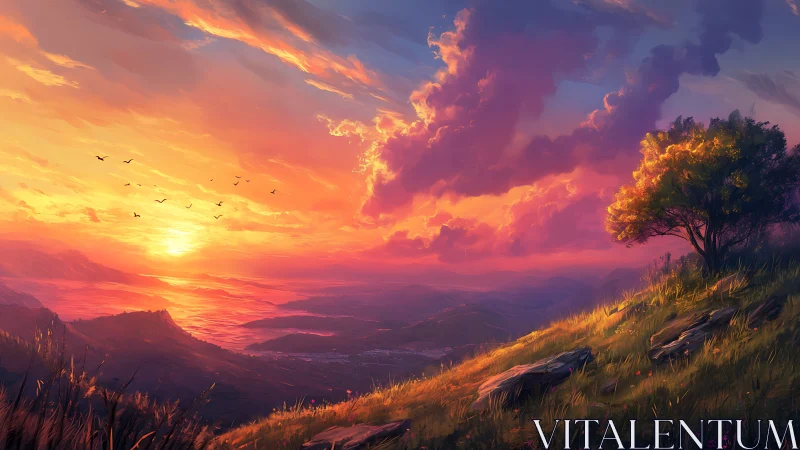 Radiant hillside sunset over layered valleys and glowing sea.