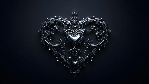 Ornate metallic heart with intricate baroque details on dark background.