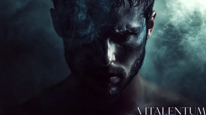 Low key portrait isolates a brooding male face in cold haze