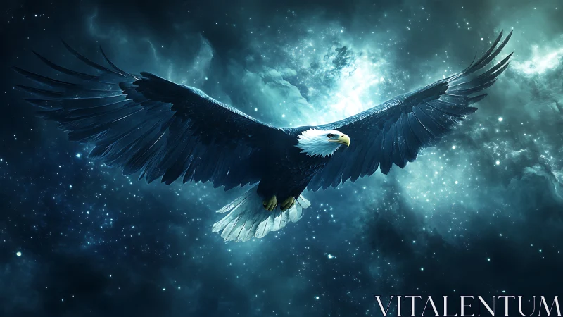 Majestic Bald Eagle Soaring in a Cosmic Night Sky, Digital Art.