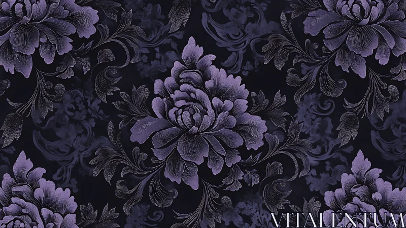 Purple Floral Damask Pattern on Dark Background.