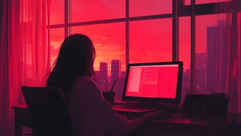 Coder immersed in sunset glow at a city-view workspace.