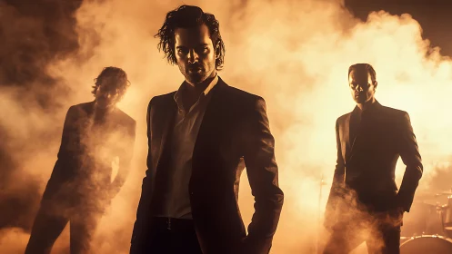 Stylish male trio emerge through cinematic golden stage fog.