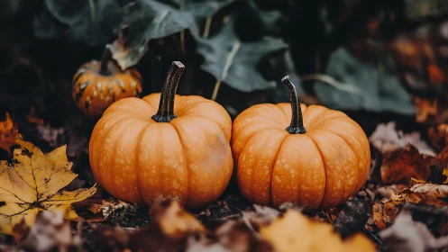 Cozy autumn pumpkins resting softly among fallen leaves.