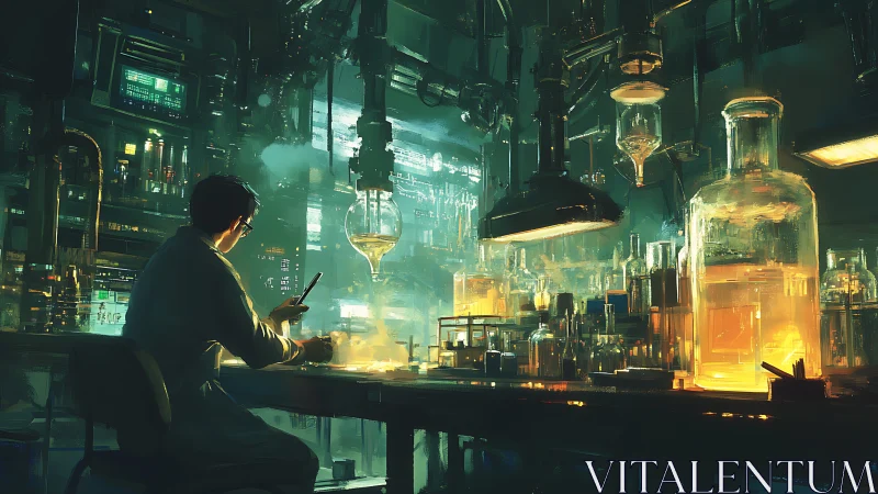 Curious scientist bathed in golden lab light at midnight.