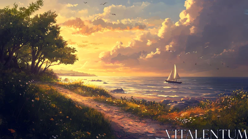 Sailboat on calm sea near sunlit coastal path at sunset.