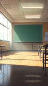 Sunlit Empty Classroom Interior, Linear Perspective Study.