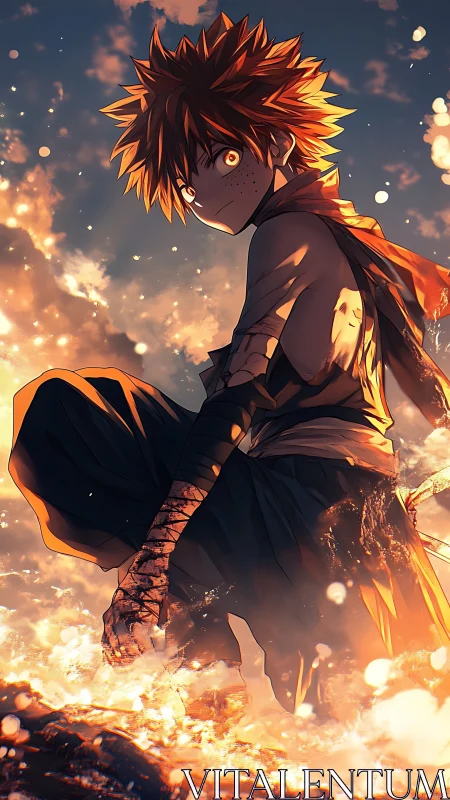 Battle-scarred anime hero kneels in fiery twilight resolve