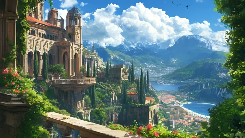 Terraced coastal city with elevated palace over bay and mountains