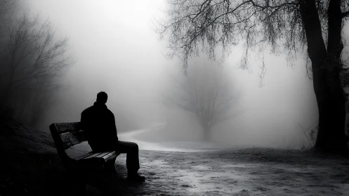 Solitary figure sits on park bench beside misty forest path