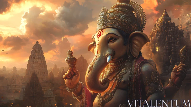 Golden dusk crowns Ganesha amidst blazing temple skies
