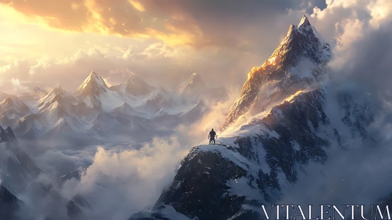 Summit explorers silhouetted against radiant alpine sunrise.