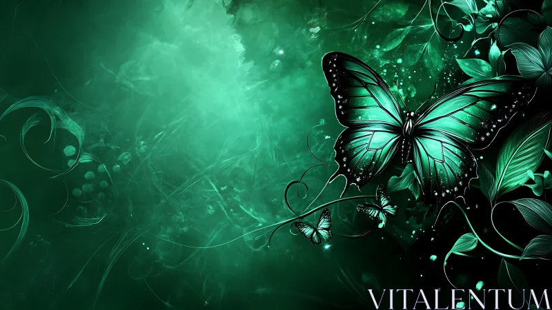Digital painting of emerald butterfly with botanical scrollwork.