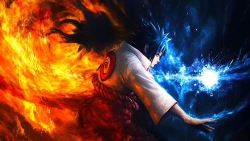 Fiery and icy energy clash as a determined warrior advances