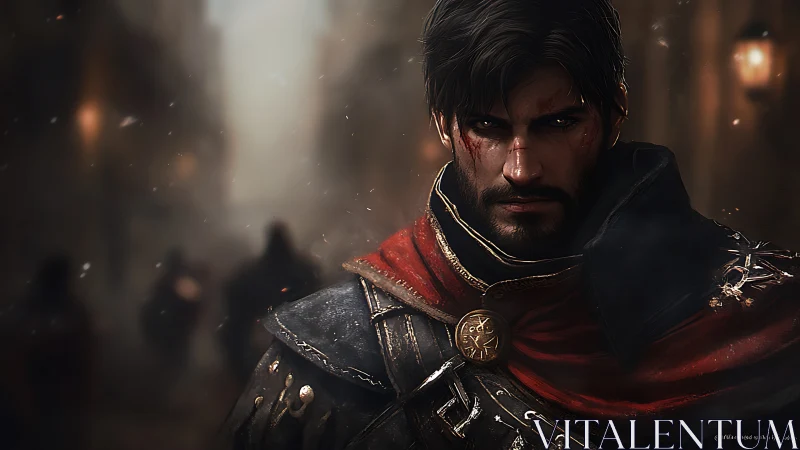 Brooding warrior hero in a misty alleyway at dusk.