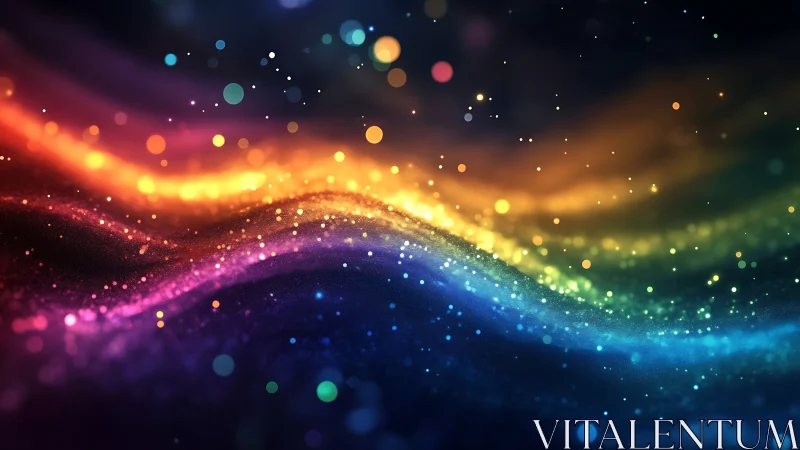 Radiant rainbow light waves drift across a starry cosmic field