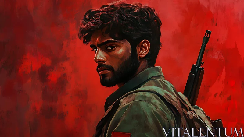 Combatant portrait against textured red expressionist field.