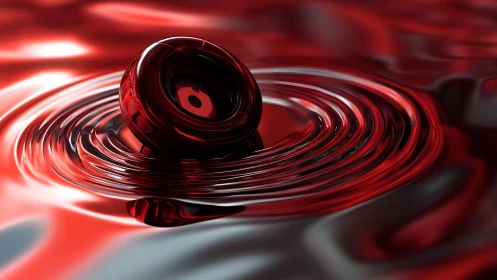 Glossy black ring floating on red liquid with abstract ripples.