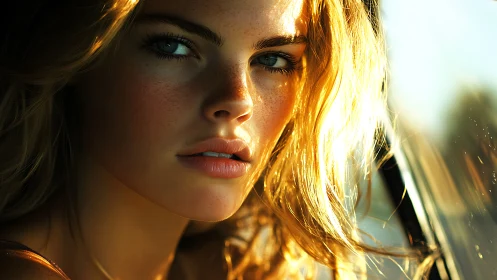 Sunlit gaze ignites a freckled portrait of quiet fire.