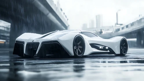Futuristic hypercar glides through rainy urban overpass scene.
