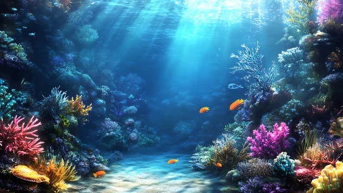 Sunlit coral ballroom where tiny golden fish drift slowly.