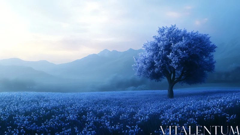 Lone sapphire tree dreaming above a misty blue wildflower sea.