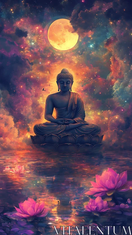 Luminous lunar mandala framing meditative Buddha over water.