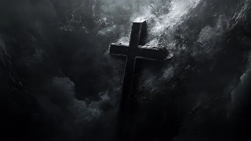 Stone cross emerges through stormy swirling black clouds.
