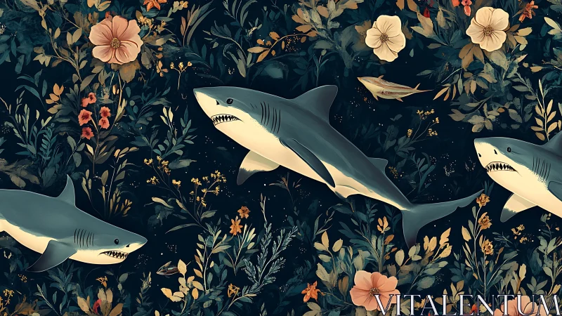Garden of Apex Grins: Sharks Drifting Through Night Blooms.