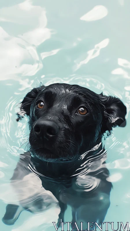 Gentle black dog enjoying a calm, bright blue swim moment.