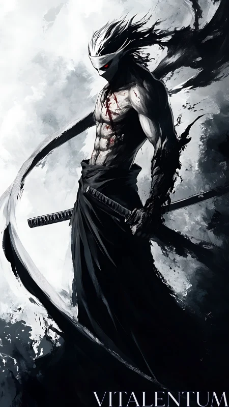 Blindfolded demon swordsman towers in storm of ink shadows.