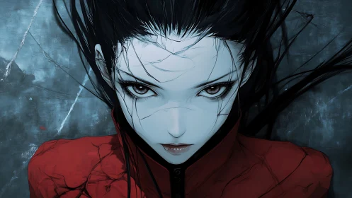 Intense anime heroine stares forward with cracked pale skin.