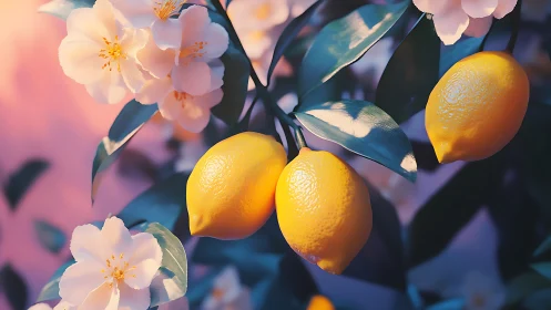 Macro study of lemon tree branch with blossoms in soft bokeh light.