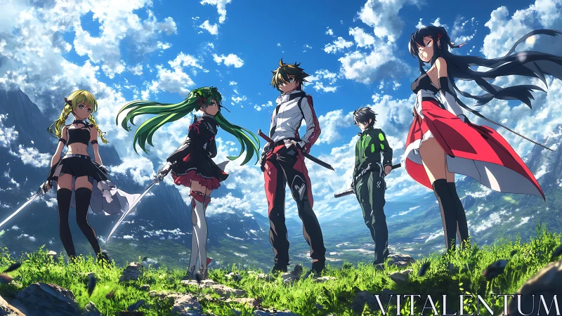 Anime swordsmen stand united on a sunlit mountain ridge