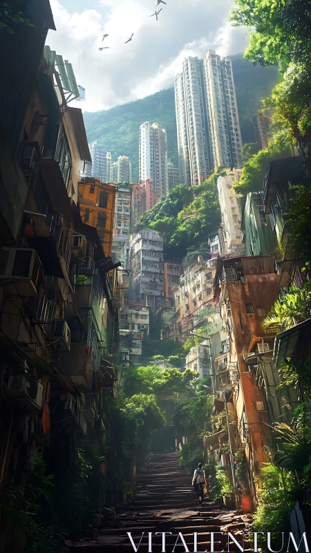 Vertical jungle city steps under towering high-rises.