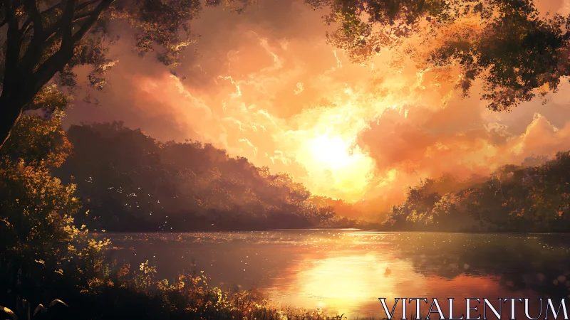 Radiant fluvial sunset with volumetric foliage illumination.