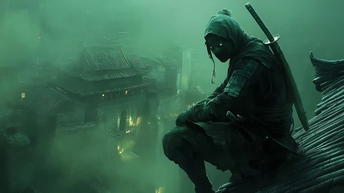 Silent rooftop watcher above a mist-drenched hidden city.