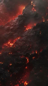 Molten lava cascades down volcanic slopes in darkness.